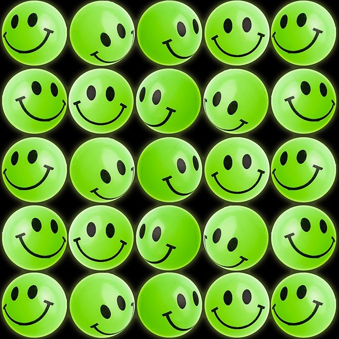 Bulk Bouncy Balls Glow in The Dark - 24 Pcs (1inch / 27mm) Diameter, High Bouncing, Small Rubber Smile Face Bouncing Balls for Kids, Vending Machines, Game Prize Toys, Party Favor, Gift Bag Filler