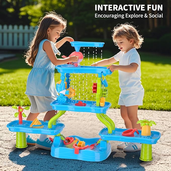 Water Table for Toddler, Rain Shower Splash Pond Toddler Water Table, Kids Water and Sand Activity Sensory Play Table, Summer Outdoor Toys for Toddlers 3-5 4-8 Years Old Boys Girls