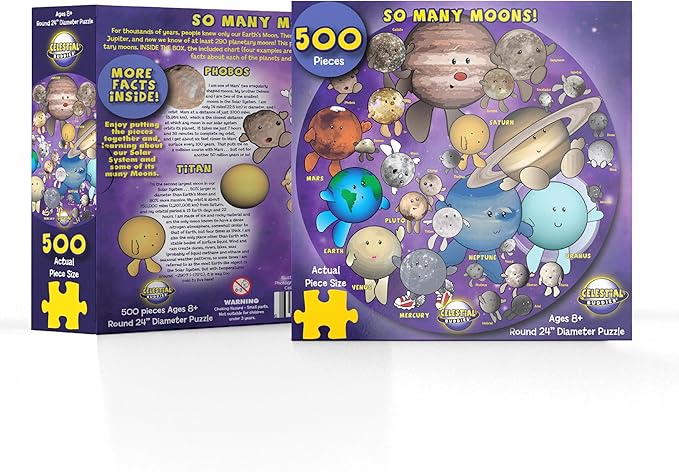 Celestial Buddies So Many Moons! 500 Piece Jigsaw Astronomy Space Puzzle and Poster for Ages 8+ | Educational 23 Moon Poster for Science STEM Learing