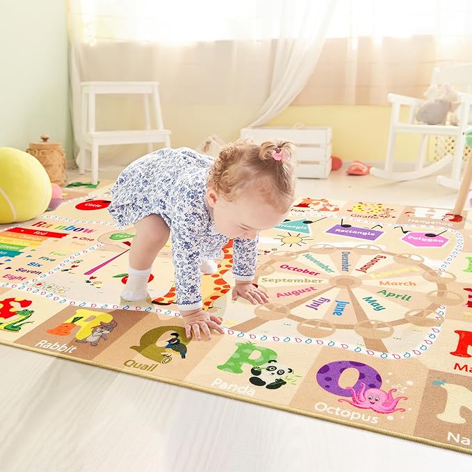 Playroom Rug Daycare Kids Rug 3x5,Educational and Fun Nursery Rug with ABC Alphabet Animals Classroom Rug Washable Kids Play Mat Baby Toddler Children Girls Rugs for Bedroom,Beige and Pink
