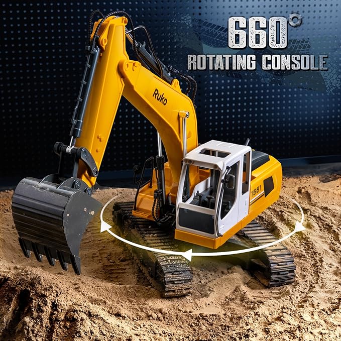 Ruko 1561 RC Excavator 3 in 1 Construction Toys for Boys, 17 Channel Remote Control Vehicles with Grab Alloy Shovel Drill, Realistic Lights & Sounds Digger Sandbox Gifts for 6-14 Years Kids Adults