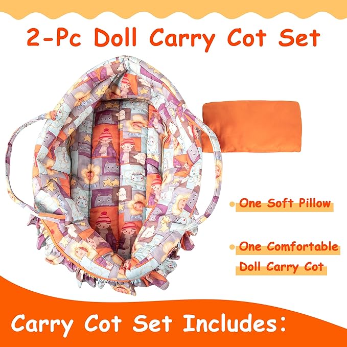Doll Carry Cot Set Doll Carrier Soft Basket Bassinet, Includes 1 Cot and 1 Pillow, Orange Cartoon Doll Bassinet, Fits for 18-inch American Girl Dolls