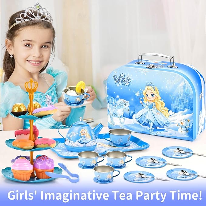 43-Piece Princess Tea Set Playset for Kids – Pretend Play Kitchen Toy with Teapot, Desserts & Carrying Case | Toddler Tea Party Toys, Imaginative Role Play, Birthday Gift for Girls Ages 3-8