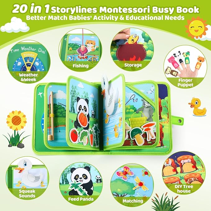 Busy Book for Toddlers 1-3,Montessori Plane Toys Busy Board for 1 Year Old with Fishing Game Finger Puppet Motor Skill,Educational Learning Quiet Activity Sensory Book, 1 2 3 4 Boy Girl Birthday Gift