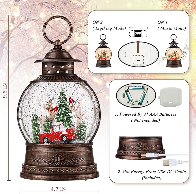 Christmas Snow Globes Lantern, Musical Snow Globe Christmas Decorations Water Lantern, Red Truck and Christmas Tree Scene Rotating Flashing Lanterns, Holiday Decor