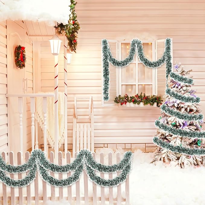 50Ft Christmas Tinsel Garland Dark Green Xmas Tree Decorations Metallic Glitter Twist Garland for Christmas Tree Decorations New Year Party Birthday Holiday Supplies Indoor Outdoor Supplies