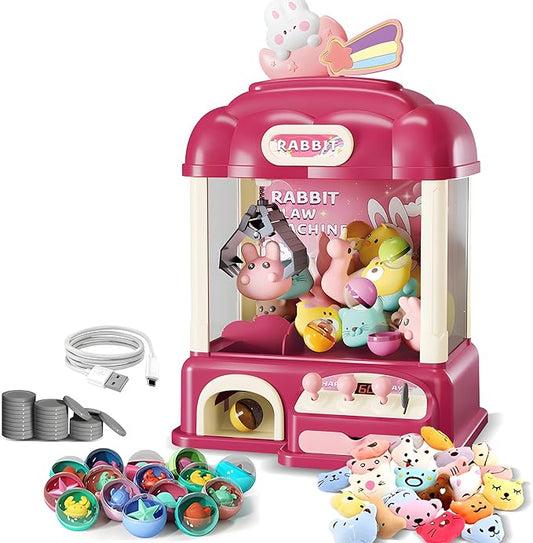Kids Claw Machine with Toys Inside, Vending Machine Lights & Sound, Electronic Mini Claw Game for Boys & Girls, Birthday & Party Gift, Includes 25 Plush Toys, Surprise Eggs & USB Cable