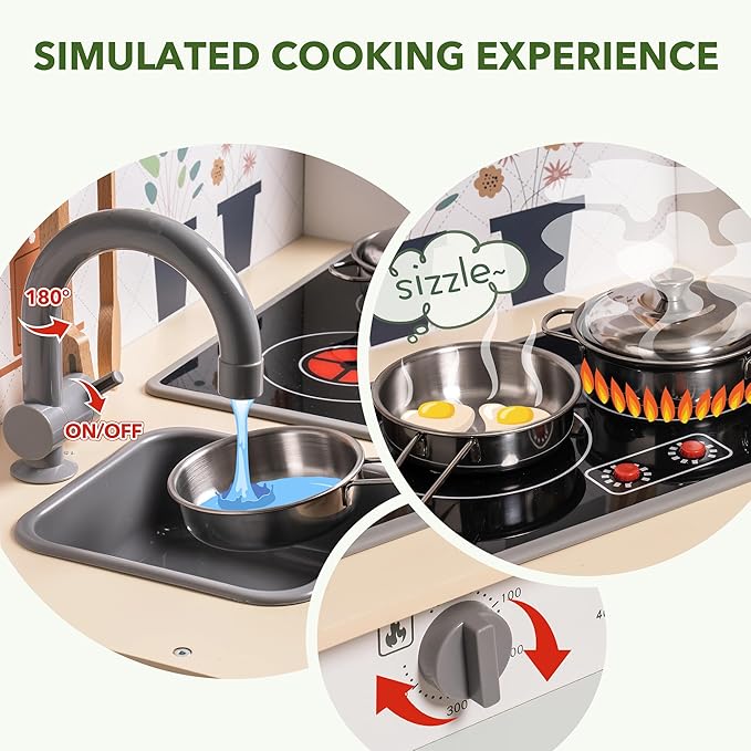 ROBUD Play Kitchen for Kids, Wooden Kids Kitchen Playset with Lights & Sounds, Pots, Cookware, Pretend Kitchen Gift for Boys Girls, Green Modern Look, Age 3+