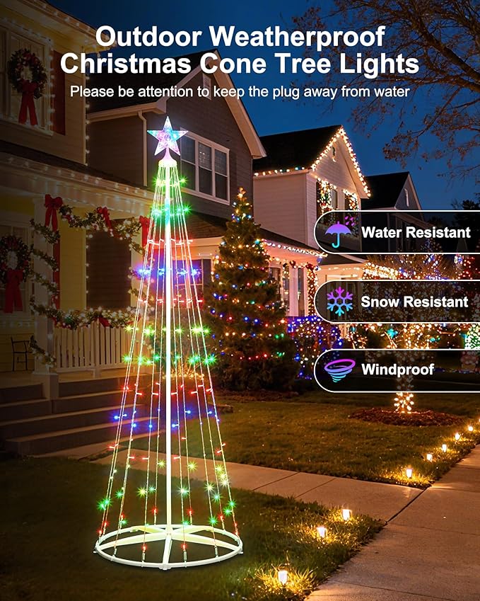 7.5Ft Smart LED Christmas Cone Tree Light, 178 LEDs Lighted Artificial Tree with Star Topper, Music Sync with Remote APP Control, DIY RGB Light Show Tree for Xmas Indoor Outdoor Decorations (RGB)