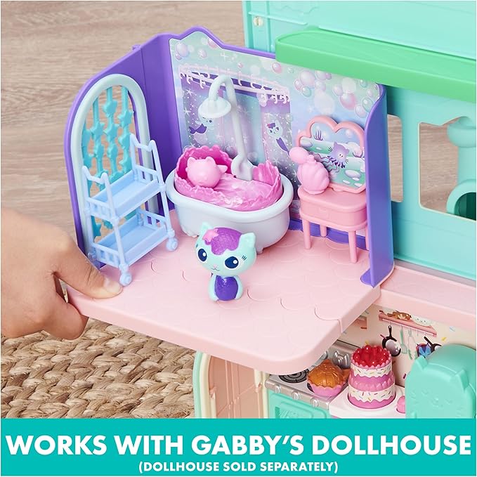 Gabby's Dollhouse, Primp and Pamper Bathroom with Mercat Figure, 3 Accessories, 3 Furniture and 2 Deliveries, Kids Toys for Ages 3 and up