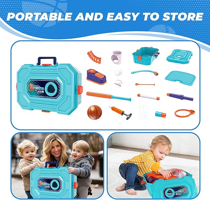 4 in 1 Basketball Hoop for Kids 1-3,Toddler basketball hoop and T-Ball Set,Height Adjustable Kids Basketball Hoop,Baseball Launcher,Indoor/Outdoor Basketball Hoop Toy for Boys and Girls Birthday Gifts