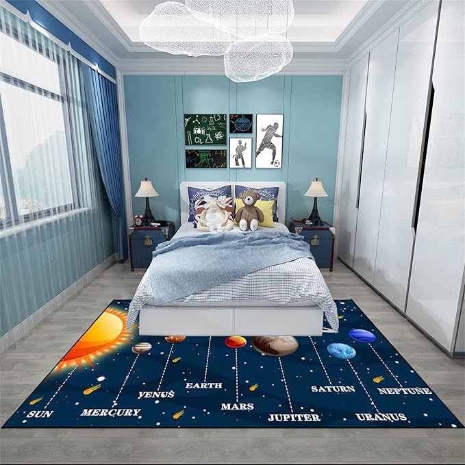 Universe Planet Area Rugs Outer Space Rugs for Boys Bedroom Educational Sofa Floor Mat Galaxy Solar System Theme Throw Rugs for Indoor Outdoor Carpets Crystal Polyester Mats Oversized, 5'×7'