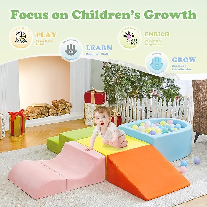 5-Piece Climbing Toys for Toddlers, Toddler Climbing Toys Indoor with Foam Ball Pit (Balls not Included), Soft Foam Climbing Blocks Set Indoor Play Gym for Crawling and Sliding