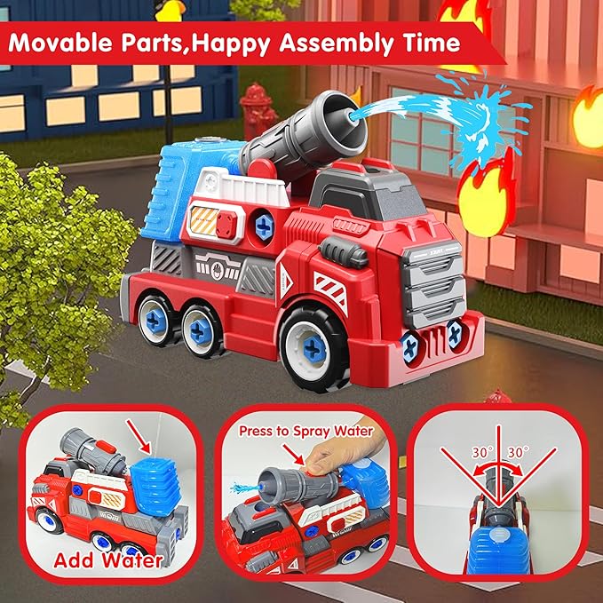 11inches Large Take Apart Fire Toy Trucks for Boys Girls Kids 3-5 6-8 Year Old Fire Rescue Vehicles with Electric Drill Set Assembly Toy