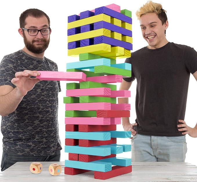 Hey! Play! Nontraditional Giant Wooden Blocks Tower Stacking Game with Dice, Outdoor Yard Game, for Adults, Kids, Boys and Girls (Rainbow Color)