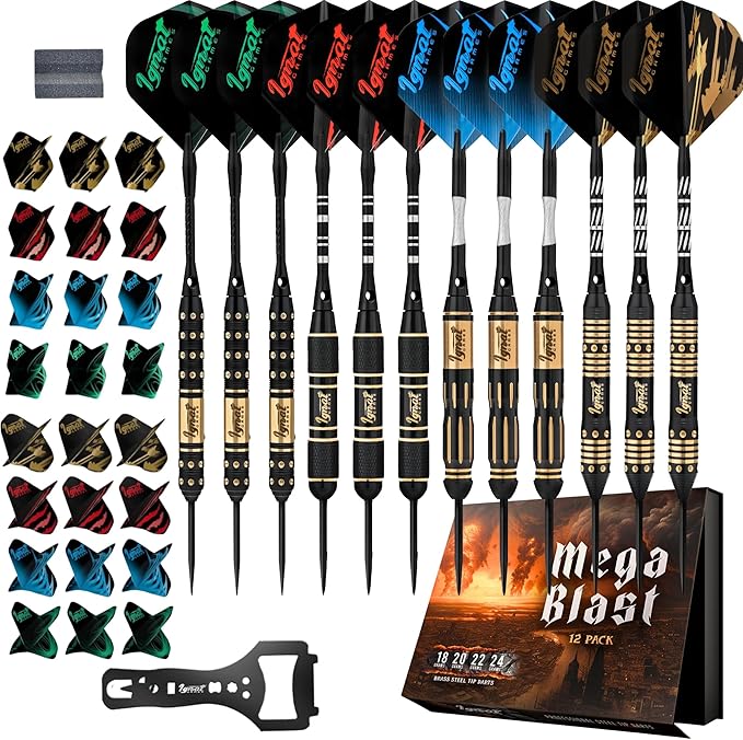 IgnatGames Steel Tip Darts Set - 3/6/12 Pack Brass Darts Metal Tip Set with Exquisite Case - Aluminum Shafts, 2 Sets of Flights, Dart Tool & Sharpener