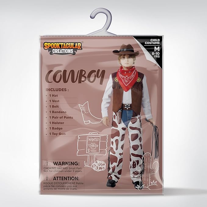 Spooktacular Creations Halloween Cowboy Costume for Boys, Kids Brown White Western Costume, Deluxe Cowboy Outfit Set with Hat for Toddler Halloween Dress-up, RolePlay Themed Party (Large, 10-12 yrs)