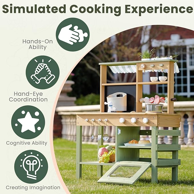ROBUD Mud Kitchen for Kids Outdoor, Solid Wood Outdoor Play Kitchen, Green Kids Mud Kitchen with Barbecue Grill, Removable Sink & Faucet, Monteeori Toys for Children Ages 3+, WH003