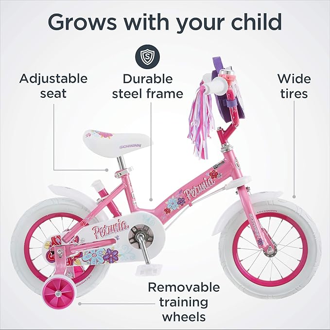 Schwinn Grit and Petunia Push Steer and Ride Kids Bike, For Boys & Girls Ages 2-4 Year Old, Rider Height 28-38 Inch,12-Inch Wheels, Training Wheels, Detachable Push Handle with Water Bottle & Holder