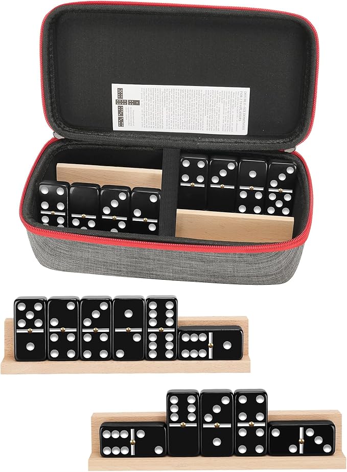 KAILE Double 6 Jumbo Dominoes 28 Tiles Classic Board Games for Kids and Adults with 4 Racks and Bag (Black)