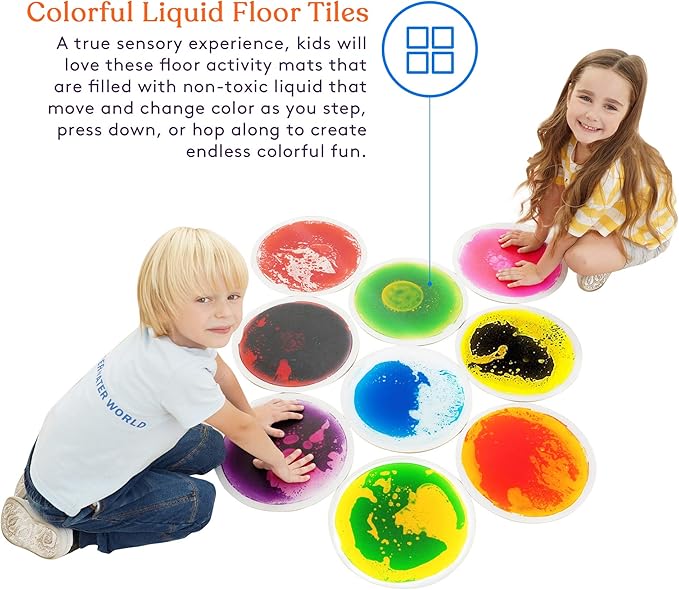 Special Supplies Circle Floor Liquid Tiles for Kids, Set of 9, Colorful Early Learning Activity Mats for Toddlers and Children, Anti-Slip Backing for Active Play, Dance, and Games
