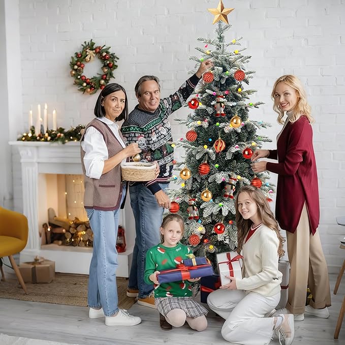 Prelit Christmas Tree 6ft, Artificial Snow Flocked Christmas Tree with 210 Lights, PE & PVC Mixed Layered Tree with Metal Stand, Xmas Tree for Holiday Home Decor