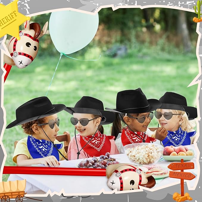 Xtinmee 48 Pcs Kids Cowboy Party Favor with Cowboy Hats Inflatable Stick Horses Bandanas Heart Glasses for Kid Costume(Black)