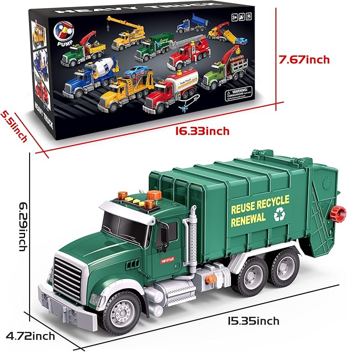 Dwi Dowellin Toddler Toys for 3 + Years Old Boys, 15" Large Garbage Truck Toy,Friction Powered Waste Management Garbage Truck with Lights and Sounds,3 Rear Loader Trash Cans,Kids Gift