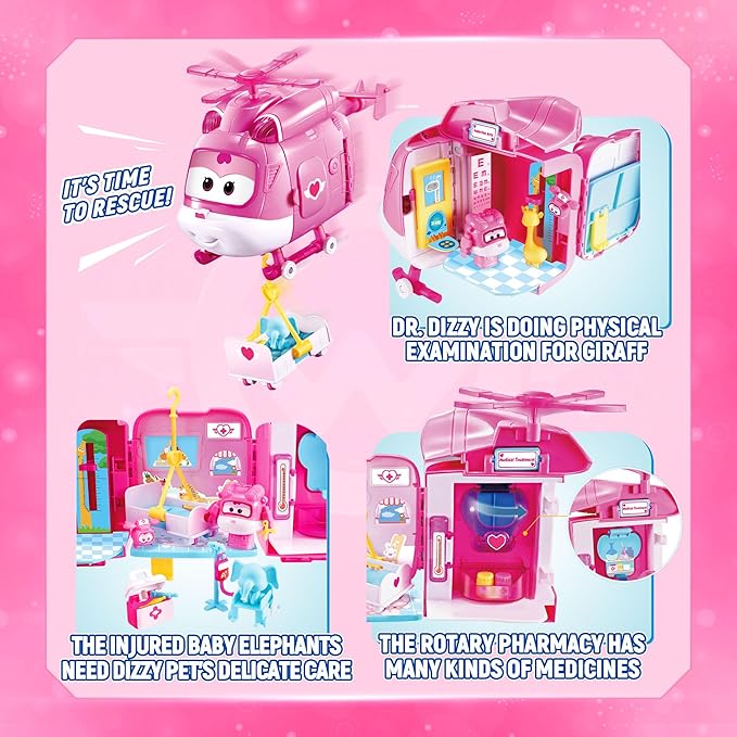Super Wings Dizzy Rescue Helicopter Hospital Playsets,Airplane Pet Care Play Sets Doctor Kit for Kids 3-5, 20+ Accessories Pretend Dr Kit for Toddlers, Gifts for Girls Boys 3-7 Years Old