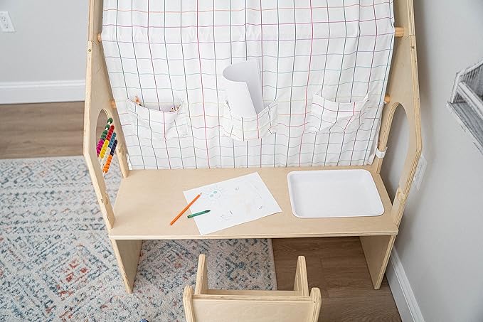 Avenlur Flair Montessori Style Wooden 5 in 1 Indoor Playhouse Play Tent with Desk Table, Chair, Chalkboard, Floor Cushion and Curtain Shades for Babies, Toddlers, Kids (Large, Windowpane)