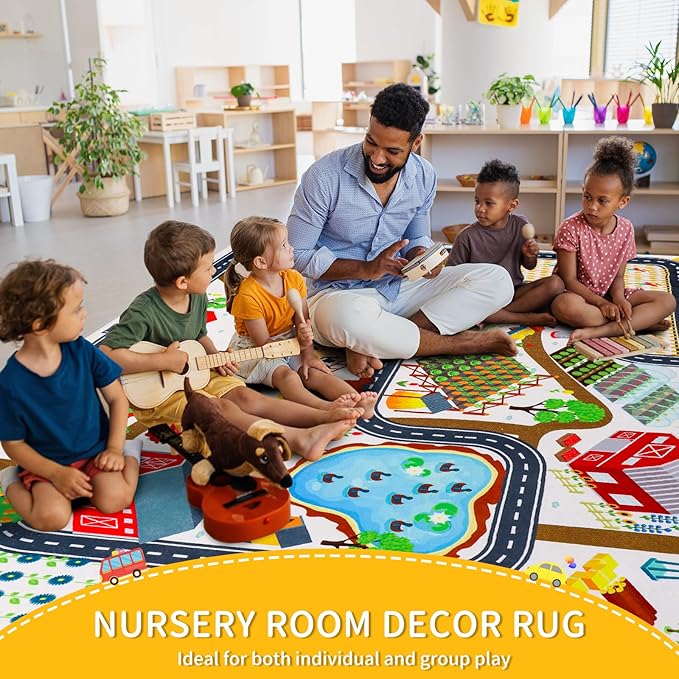 Kids Rug Play Mat for Toy Cars, 59"×78.7" Farm Life Road Traffic for Playroom Kids Car Road Rugs Village Map Play Mat Non-Slip Washable Play Rug for Toddlers Boys Room Family Tummy Time Playtime White