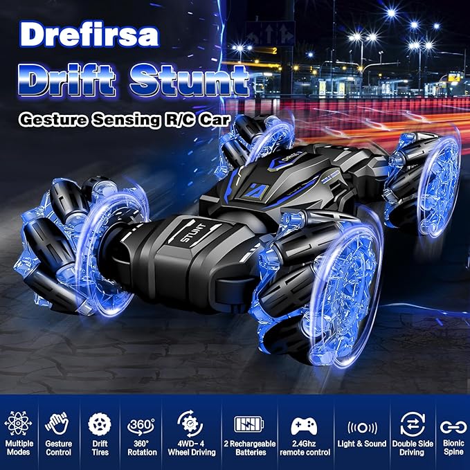 Gesture Sensing RC Stunt Car, Boys Toys Age 6-8 8-13, 4WD Remote Control Car with Rotation, Drift, Transform, Colorful Light, Music, Birthday Gift for Boy Age 5-7 8-13
