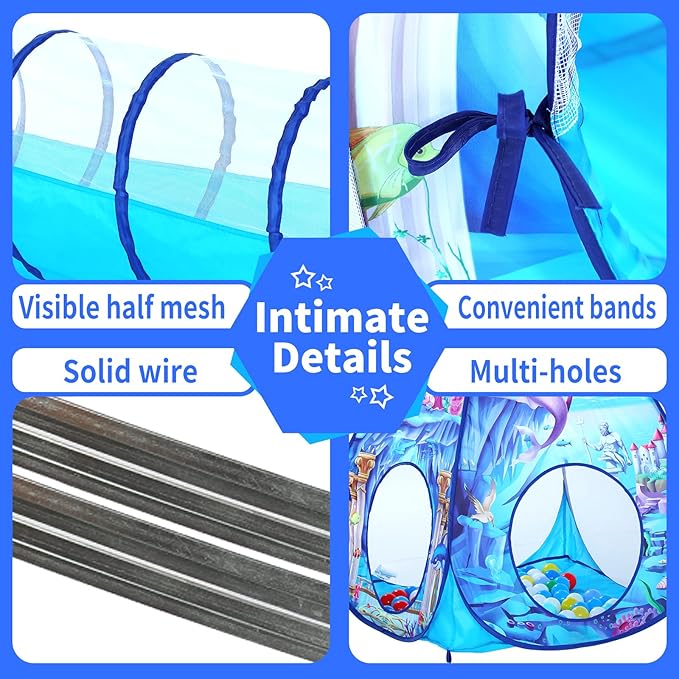 3 in 1 Kids Mermaid Play Tent for Toddler with Baby Ball Pit and Play Tunnel, Children Indoor Outdoor Playhouse with Crawling Tunnel Toy for Toddlers (3pc Mermaid Ball Pit)