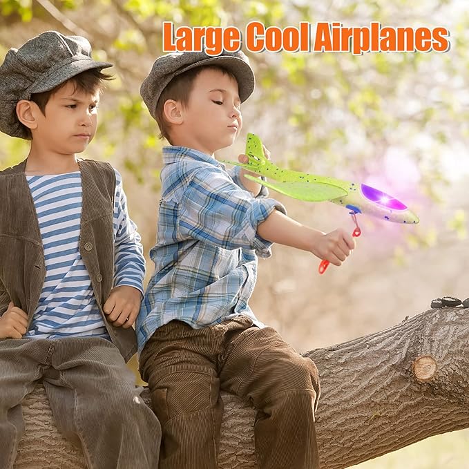 BooTaa 4 Pack LED Foam Airplane,17.5" Large Throwing Foam Plane, 2 Flight Mode Glider, Flying Toy for Kids, Gifts for 3 4 5 6 7 8 9 Years Old Boy, Outdoor Sport Toys Birthday Party Favors
