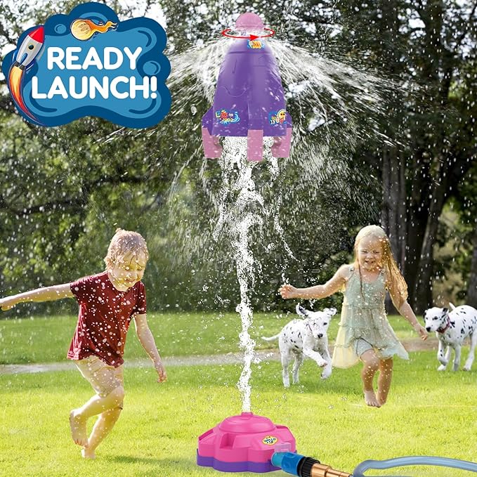 4-in-1 Sprinkler Toys for Kids Water Outdoor Baseball Rocket Launcher Rotating Water Spray Sprinklers Toys Toddler 4-8 8-12 Year Old Summer Backyard Garden Lawn Pool Outside Water Play Game Ages 3-5