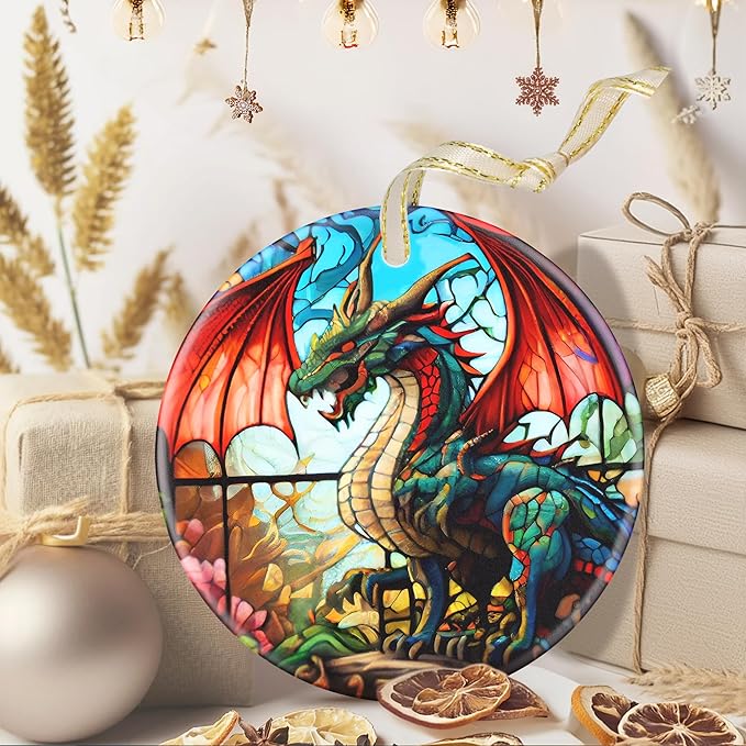 3.5 Inch Ceramic Christmas Tree Ornament, Flying Dragon Christmas Ornaments, Heirloom Keepsake, Gift Exchange, Gift Idea, Bauble Present