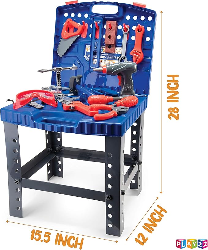 Play22 Kids Tool Set Bench 76 Pc - Toddler Tool Bench Set with Electronic Play Drill - Stem Educational Toy Pretend Play Construction Work Shop - Preschool Toy Gift for Kids Children Boys and Girls