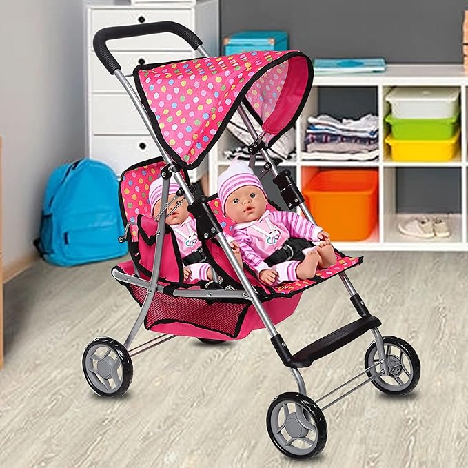 Toy Doll Stroller - Pretend Play Doll Stroller for Dolls - Toy Stroller with Storage Basket for Doll Accessories Set - Polka Dot Design Stroller Toy for Kids