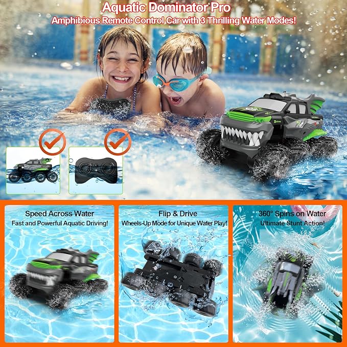 Amphibious Remote Control Car 8WD RC Monster Truck with 2 Rechargeable Batteries for Boys Age 8-12 Offroad Waterproof RC Pickup 2.4GHz All Terrain RC Drift Cars Beach Pool Toys Gifts for Kids Green