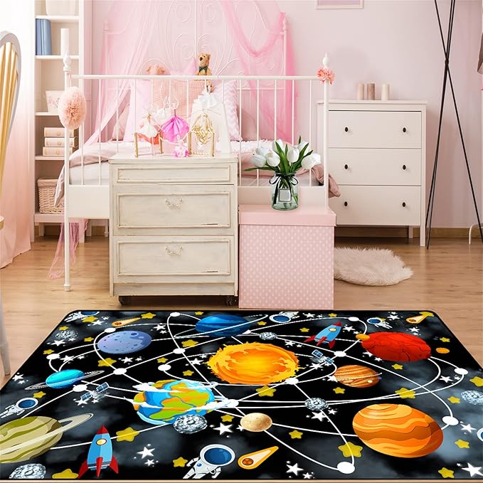 Universe Planet Area Rugs Outer Space Rugs for Boys Bedroom Educational Sofa Floor Mat Galaxy Solar System Theme Throw Rugs for Indoor Outdoor Carpets Crystal Polyester Mats Oversized, 4'5''×6'