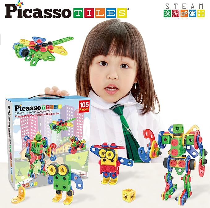 Picasso Toys STEM Learning Toys 105 Piece Building Block Set Kids Construction Engineering Kit Toy Blocks Children Early Education Playset w/IdeaBook, Power Drill, Clickable Ratchet, Age 3+ PTN105