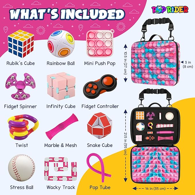 Travel Fidget Case Set with 12 Fidget Toys, Road Trip Activities for Kids, Airplane Must Haves for Kids, Sensory Toys, Car Travel Essentials for Long Trips (Pink)