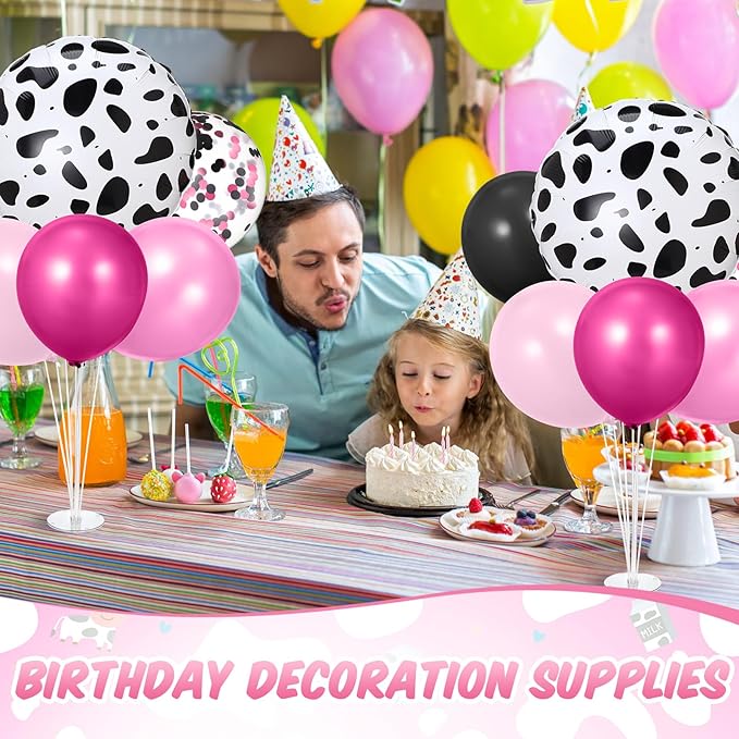 2 Sets Pink Cow Birthday Party Decorations Cowgirl Table Centerpiece Rose Red Pink Black Balloon Stand Kit with Large Cow Print Foil and Latex Balloon for Baby Shower Farm Wedding Supplies