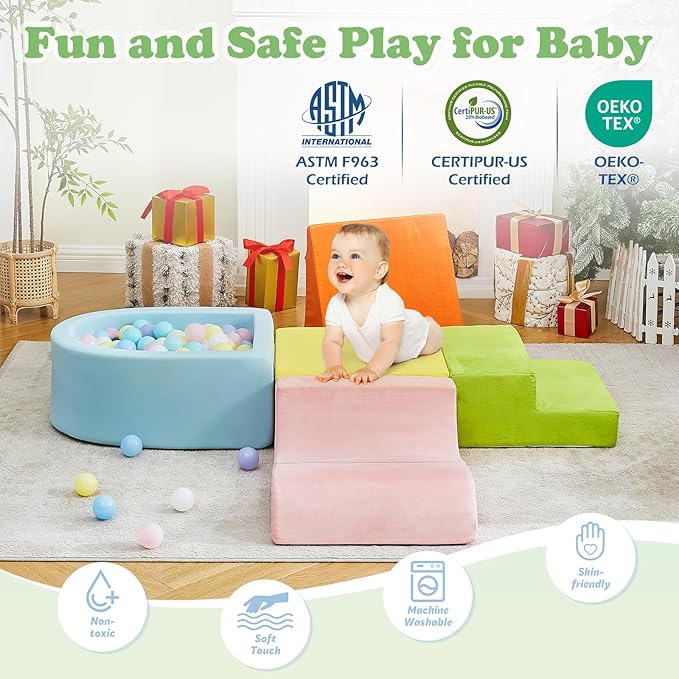 5-Piece Climbing Toys for Toddlers, Toddler Climbing Toys Indoor with Foam Ball Pit (Balls not Included), Soft Foam Climbing Blocks Set Indoor Play Gym for Crawling and Sliding