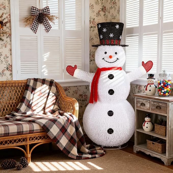 Alupssuc 5ft Pop-Up White Snowman, Large Outdoor Decor Collapsible with Warm-White Lights and Snow Velvet Appearance, Perfect for Outdoor/Indoor Christmas Decorations, Holiday Garden Yard Decor