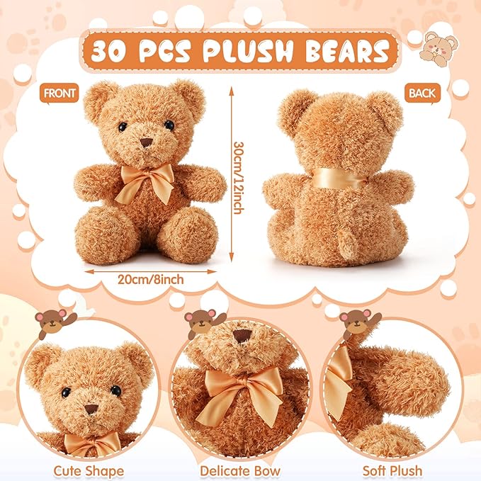 Lenwen 30 Pcs Bear Stuffed Animal Plush Bulk 12 Inch Brown Small Bear Plush Toy Cute Soft Stuffed Bears Doll for Boy Girl Cuddling and Playing Baby Shower Birthday Party Gifts
