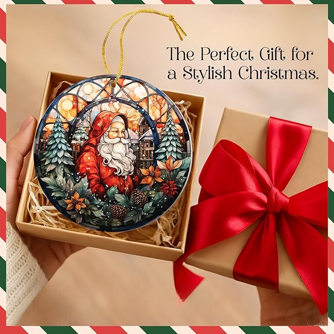 2025 Christmas Ornament β Vintage Santa Stained Glass Acrylic Ornament, Round Cathedral Window Design, Dated Navidad 2025 Decoration for Tree, Classic Holiday Santa Ornament Gift