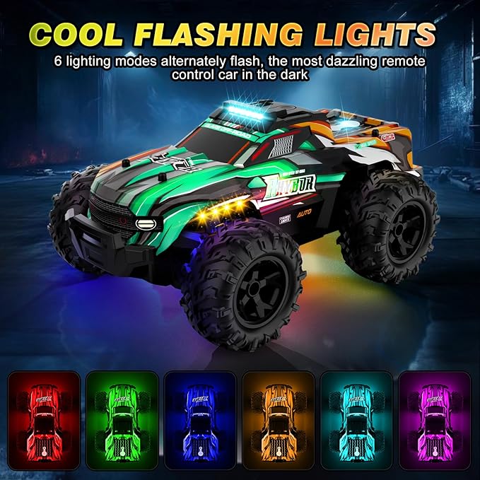 BLUEJAY Remote Control Car, 1:16 All Terrain High Speed RC Cars Truck for Boy, Rechargeable Monster RC Truck with Colorful LED Lights & Spray, RC Cars Toys Gifts for Adults Kids Boys Girls 4-7 8-12
