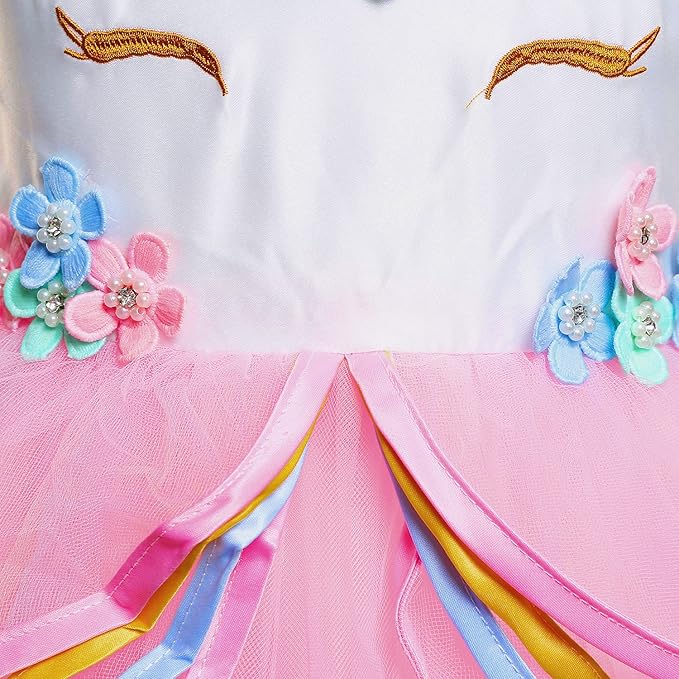 Unicorn Dress for Girls Unicorn Costume Pageant Princess Party Birthday Long Gown with Unicorn Headband & Necklace