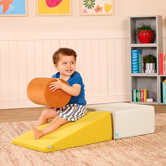B. toys - Sensory Foam Building Blocks for Toddlers & Babies - 3-Piece Climbing Set with Cylinder, Ramp & Block - Machine Washable Covers with Easy-Grip Handles - Indoor Play Shapes for 12+ Months